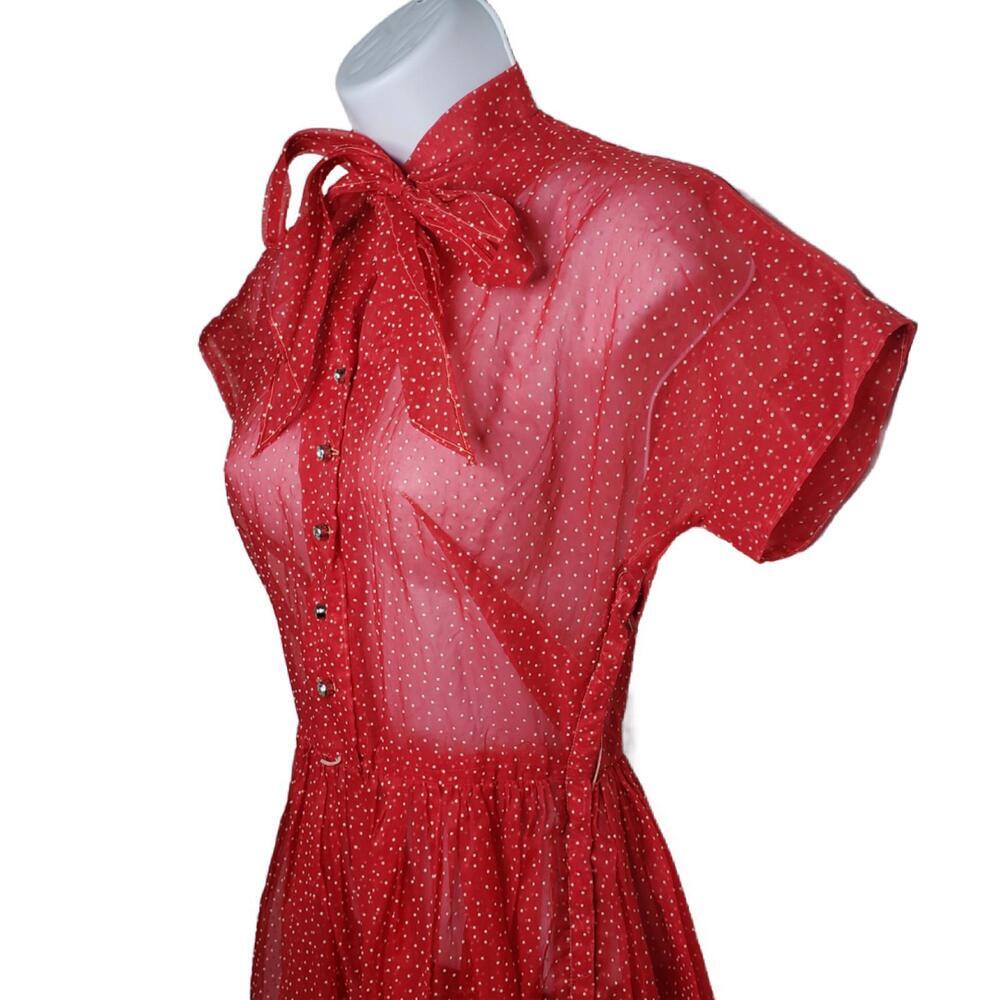 Vintage Unbranded Women's Small Sheer Red Polkadot Fit Flare Dress (1860) - Picture 6 of 8